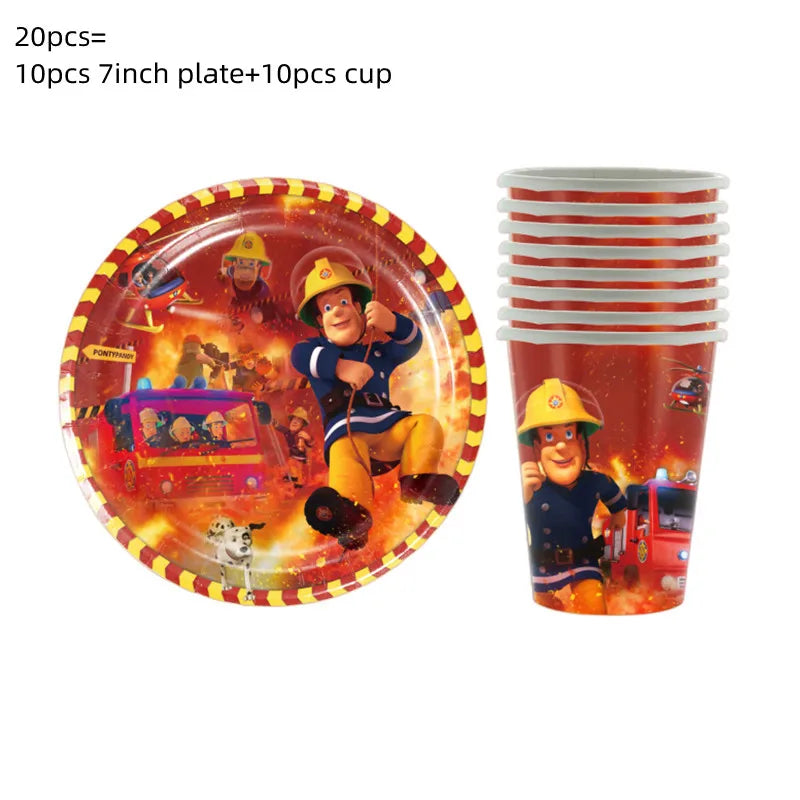 Firefighter Sam Party Supplies Plates Napkins Cups Tablecloth Banner Fire Truck Party Decorations Kids Boys Decor Supplies