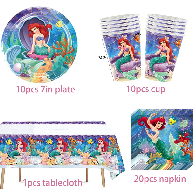 The Little Mermaid Theme Party Supplies  Ariel Princess Paper Napkin Plate Cup Balloons Kid Girls Birthday Party Decoration Gift