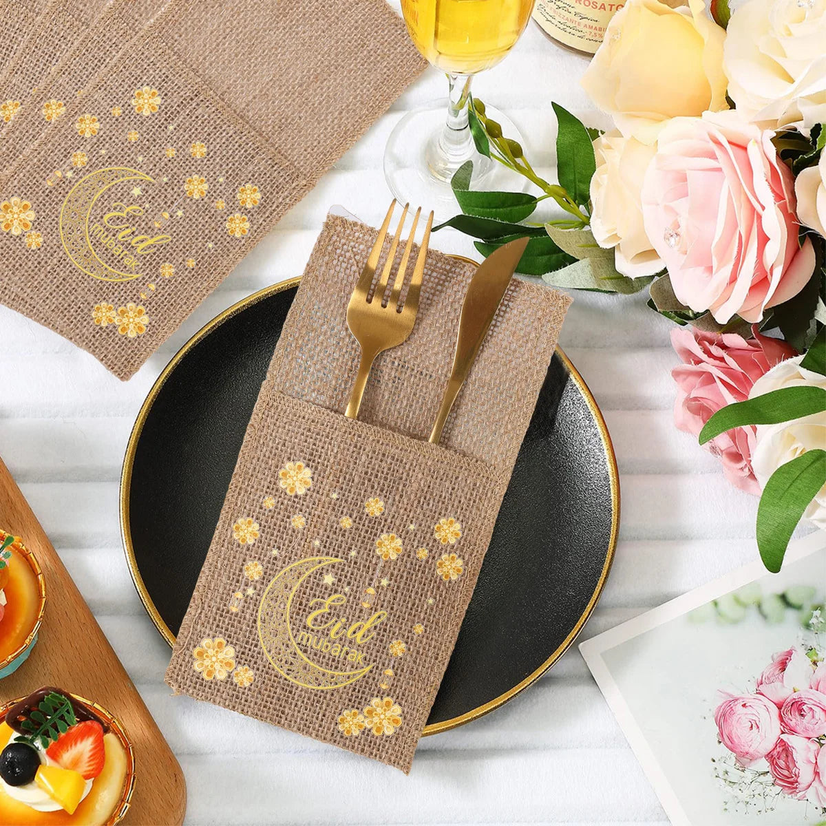 Eid Mubarak Burlap Cutlery Pouch Ramadan Decor for Home 2025 Table Decor Ramadan Kareem Islamic Muslim Party Eid Al-Fitr Gifts