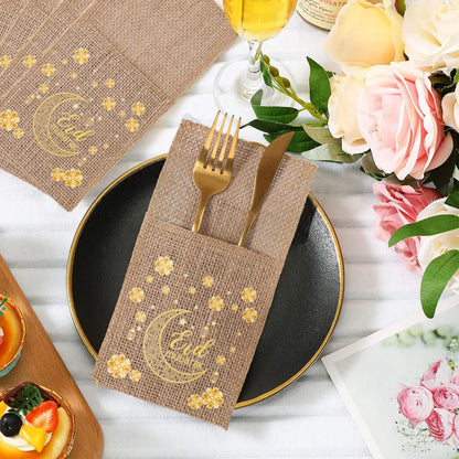 Eid Mubarak Burlap Cutlery Pouch Ramadan Decor for Home 2025 Table Decor Ramadan Kareem Islamic Muslim Party Eid Al-Fitr Gifts