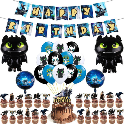 1set How Train Dragon Balloons No Teeth Toothlessing Green Eye Black Loong Party Decoration Happy Birthday Banner Cake Topper