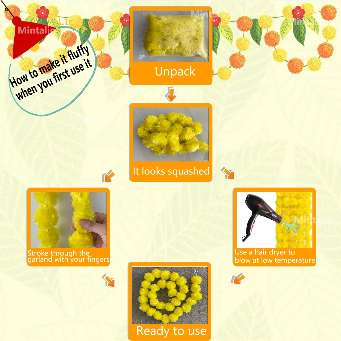 2 Pcs Marigold Flower Garland with бо Flowers for Diwali Mexican Dia de los Muertos DIY Wreath Day of The Dead Decor Party