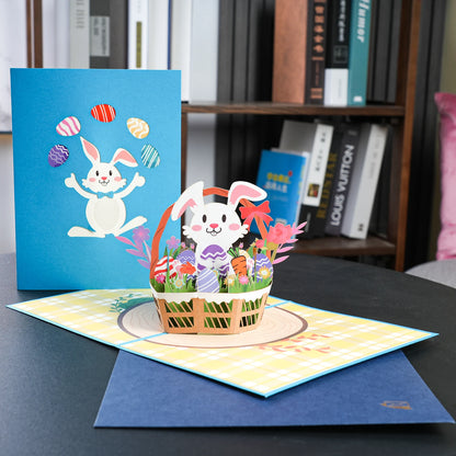 Happy Easter Pop Up Card - 3D Bunny Egg Flowers Basket Greeting Card for Easter