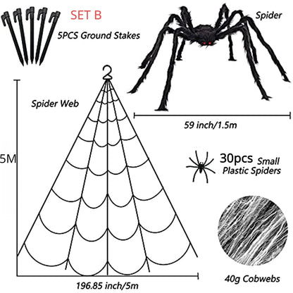 Giant Spider Huge Spider Web Halloween Decoration Props Haunted Indoor Outdoor Spooky Plush Large Araneid Prank Trick Supplies