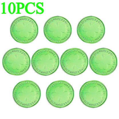 10-100Pcs St Patricks Day Prop Coins Green Gold Clover Lucky Shamrock Party Decoration Props Party Gifts Favors Green Coins Toys