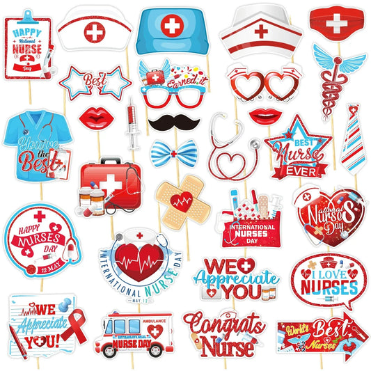 30Pcs Nurse Day Theme Photo Booth Props Thank You Nurses Dress Up Paper Masks for Congrats Nurse Graduation Party Decoration