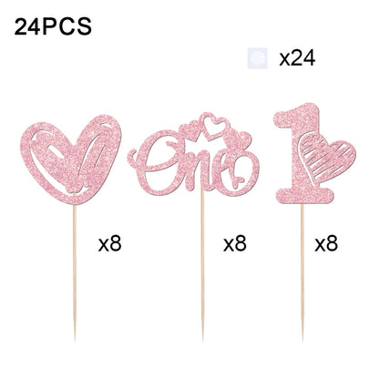 YOMDID 24Pcs Valentine's Day Cupcake Picks 1st Birthday Cupcake Toppers One Love Heart Picks Cake Decorations Party Supplies