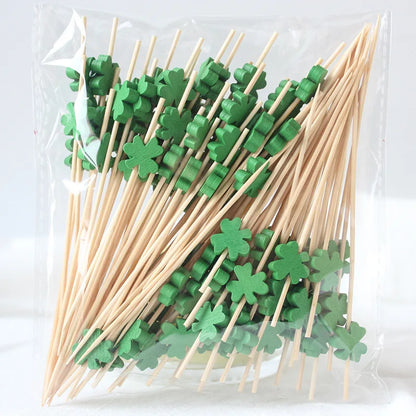 100Pcs Green Shamrock Cover Disposable Bamboo Food Picks St. Patrick's Day Theme Dessert Fruit Forks for Irish Saint Party Decor