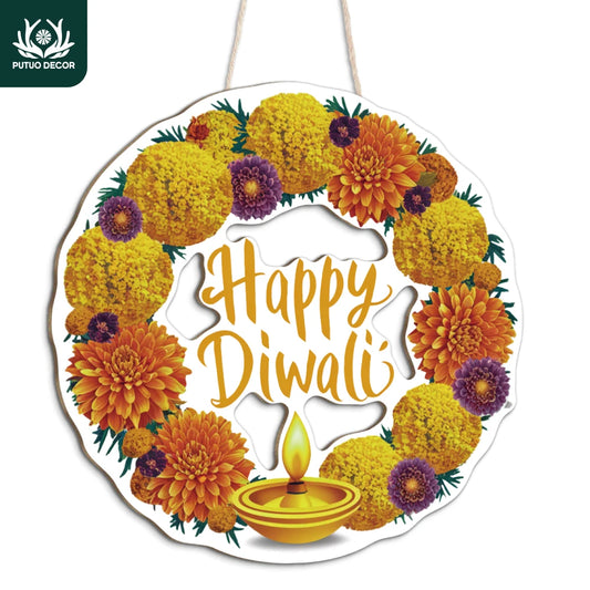 Putuo Decor 1pc  Diwali Wood Hang Decoration, Wall Decor for Home Farmhouse Living Room Bedroom, The Hindu Festival Happy Diwali