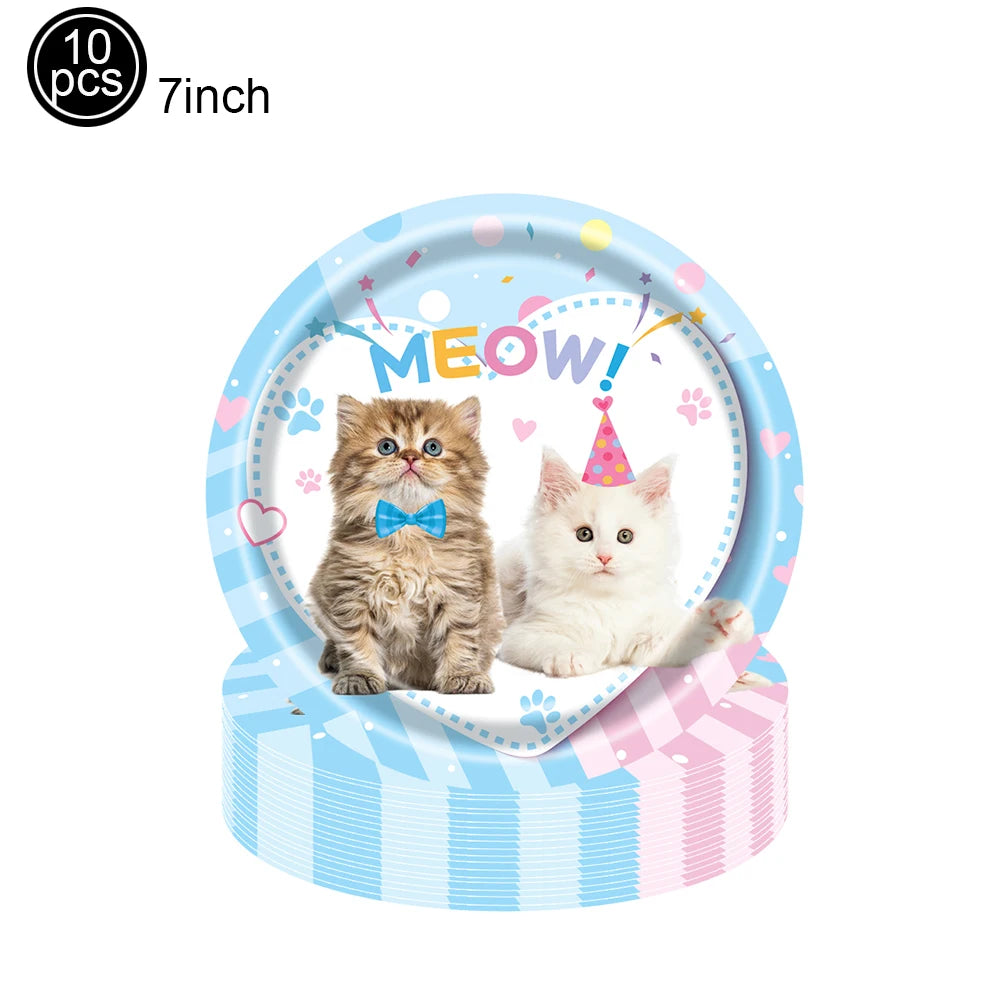 Cat Themed Party Tableware Set Paper Plates Napkins Tablecloth Banner Kitten Girls Birthday Party Decorations Supplies