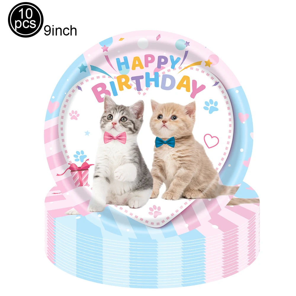 Cat Themed Party Tableware Set Paper Plates Napkins Tablecloth Banner Kitten Girls Birthday Party Decorations Supplies