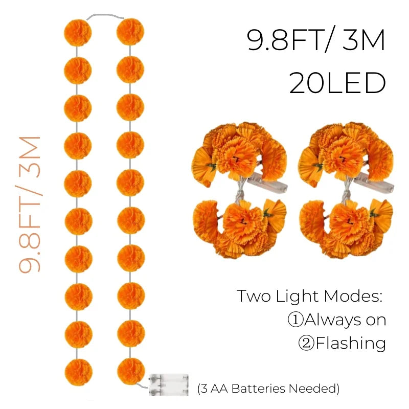 2-10Pack Marigold Garland Lighted Artificial Marigold Flowers String Light Diwali Indian Wedding Decor Halloween Day of the Dead