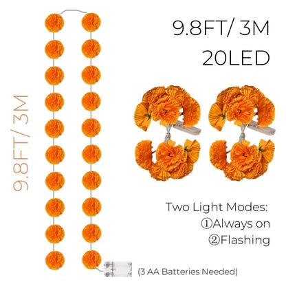 2-10Pack Marigold Garland Lighted Artificial Marigold Flowers String Light Diwali Indian Wedding Decor Halloween Day of the Dead