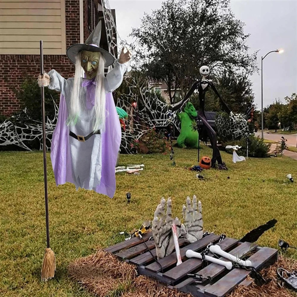 Flying Witch Decorations with Luminous Eyes Halloween Flying Witch on Broom Decor Animatronic Flying Witch for Garden Yard Lawn