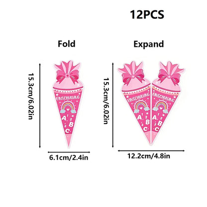 12pcs pink blue gift cone first day of school invitation card, back to school party invitation with stationery patterns such