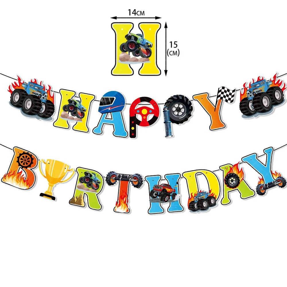Monster Truck Birthday Party Paper Plates Cup Napkin Tablecloth Balloon Hanging Swirls Banner Monster Truck Birthday Party Decor