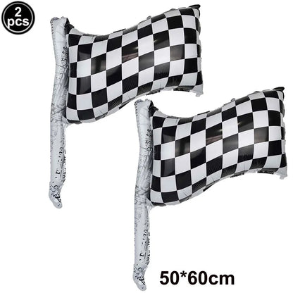 Car Race Balloons Traffic Cones Black White Checkered Flags Racing Wheel tire Foil Balloon Kids Car Birthday Party Decorations
