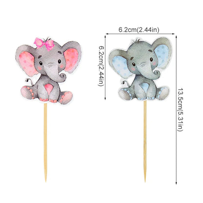 12Pcs Blue Pink Elephant Cupcake Topper Kids Birthday Baby Shower Elephant Cake Decoration Boy Girl Gender Reveal Party Supplies