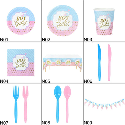 Gender Reveal Disposable Tableware Pink Blue Boy or Girl Plate Napkin Cup Tablecloth Baby Shower Party Table Decoration Supplies