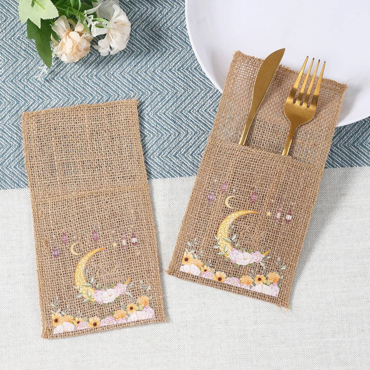 Eid Mubarak Burlap Cutlery Pouch Ramadan Decor for Home 2025 Table Decor Ramadan Kareem Islamic Muslim Party Eid Al-Fitr Gifts