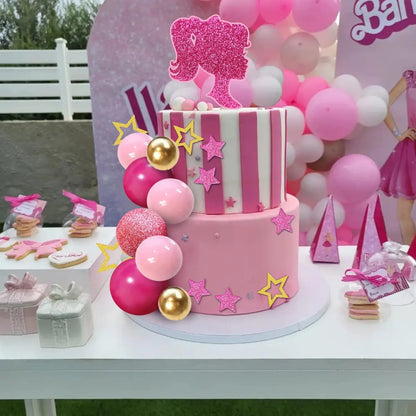 36 PCS Hot Pink Girl Cake Topper Balls Cake Decorations with Pink and Gold Balls Shiny Stars for Wedding Girl Birthday