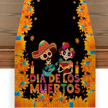 Mexican Day of The Dead Linen Table Runners Mexico Dia De Los Muertos Sugar Skull Table Runner for Home Party Dining Table Decor