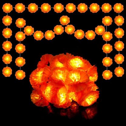 2-10Pack Marigold Garland Lighted Artificial Marigold Flowers String Light Diwali Indian Wedding Decor Halloween Day of the Dead