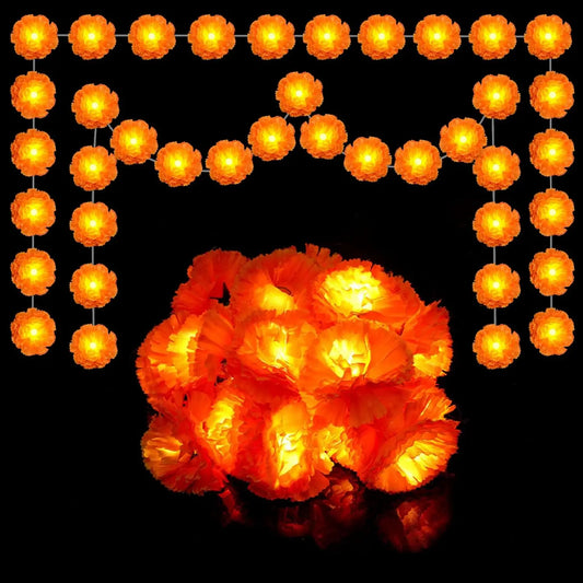 2-10Pack Marigold Garland Lighted Artificial Marigold Flowers String Light Diwali Indian Wedding Decor Halloween Day of the Dead