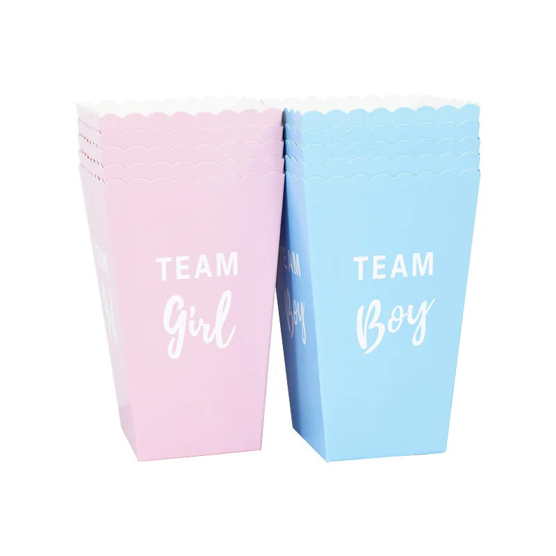 6pcs Gender Reveal Boy or Girl Popcorn Box Team Boy Girl Candy Treat Box Baby Shower Birthday Party Decor Packaging Supplies