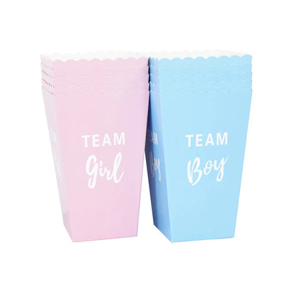 6pcs Gender Reveal Boy or Girl Popcorn Box Team Boy Girl Candy Treat Box Baby Shower Birthday Party Decor Packaging Supplies