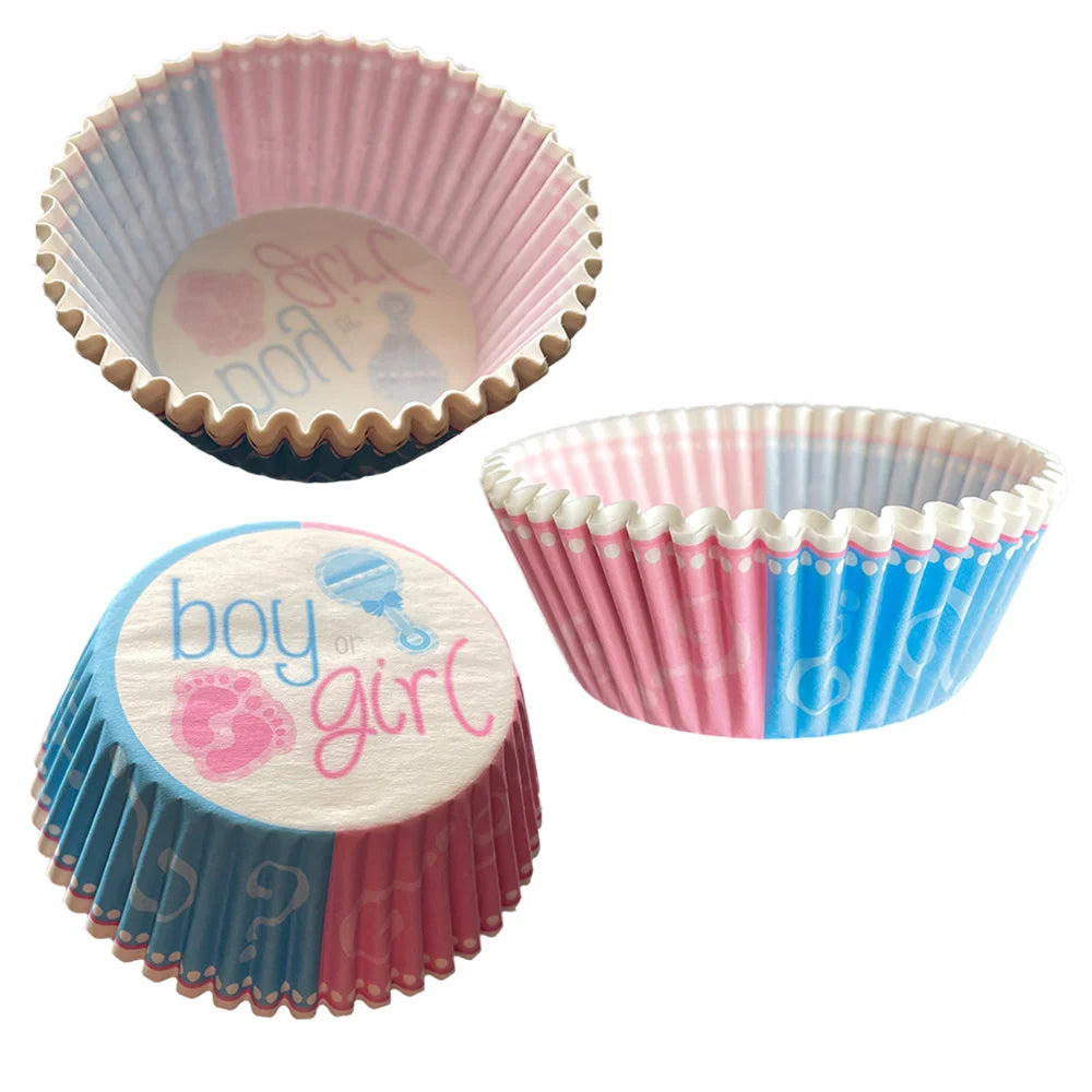24pcs Gender Reveal Party Supplies Boy or Girl Cupcake Decoration Blue Pink Paper Box for Cake Decorating Baby Shower Decor