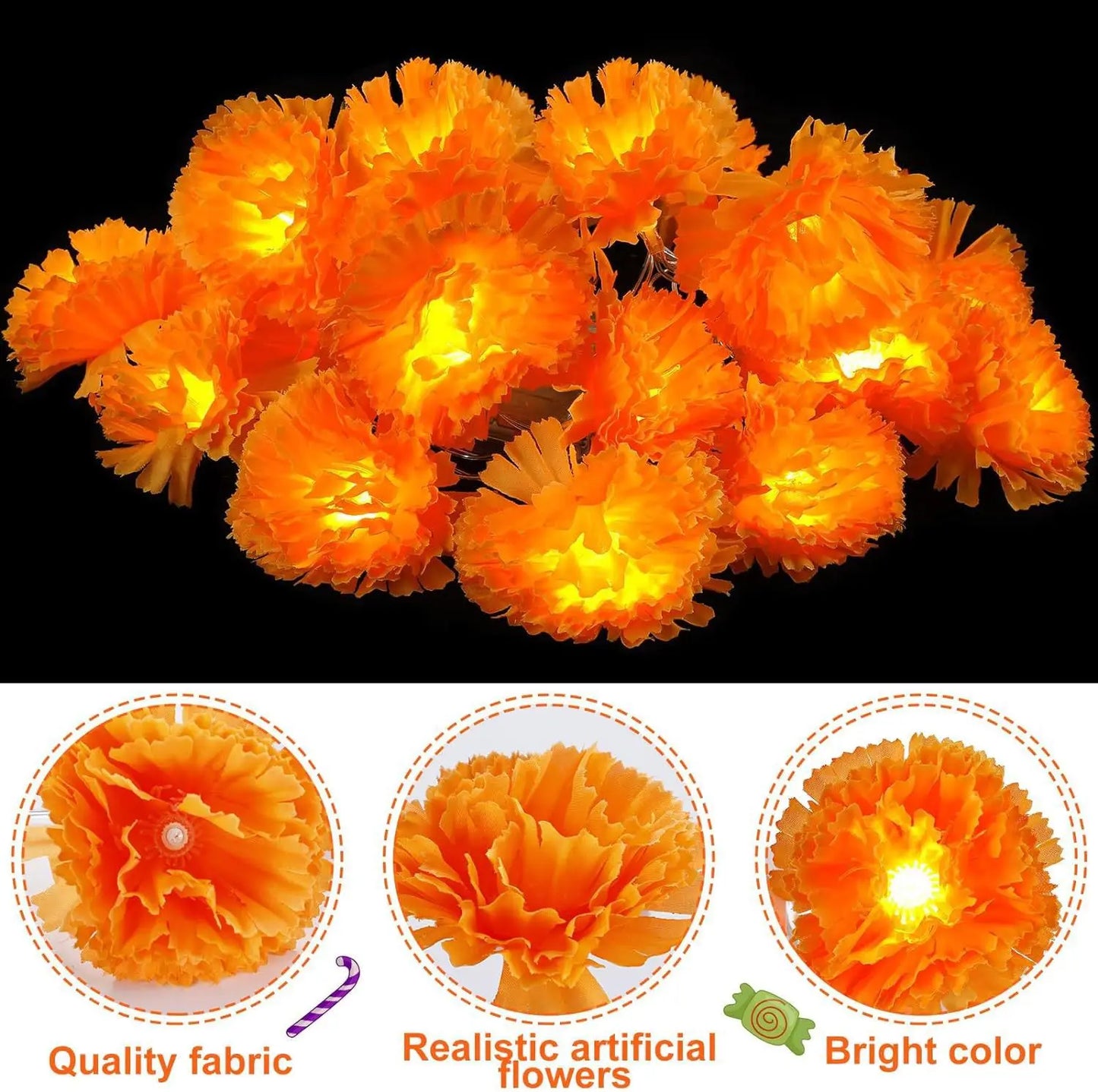 Marigold Garland for Decoration Lighted Day of The Dead Dia De Los Muertos Indian Diwali Altar Halloween Home Party Decor