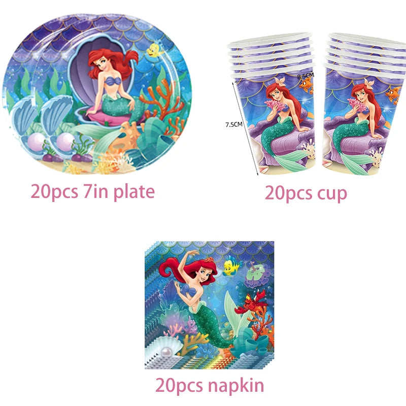 The Little Mermaid Theme Party Supplies  Ariel Princess Paper Napkin Plate Cup Balloons Kid Girls Birthday Party Decoration Gift