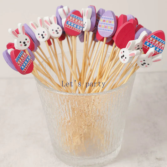 50/100Pcs Easter Theme Disposable Bamboo Food Picks Rabbit Egg Dessert Fruit Forks for Birthday Baby Shower Easter Party Decor