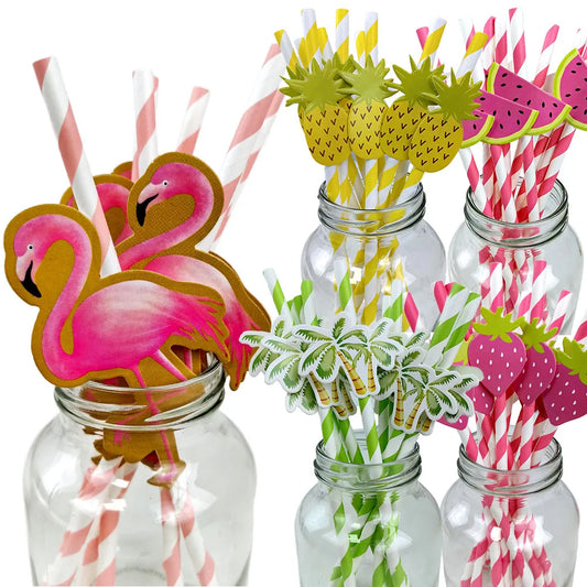 10pcs Flamingo Pineapple Paper Straws Disposable Tropical Fruit Straws Summer Striped Drinking Straws Luau Hawaiian Beach Party