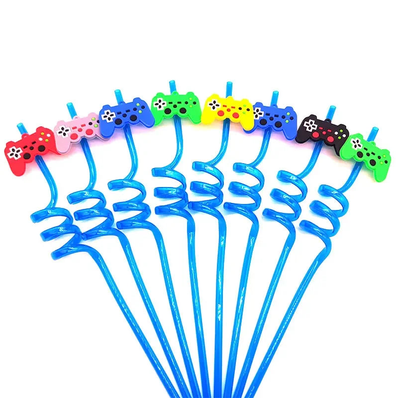 8pcs 26cm Reusable Game Controller Plastic Helical   Straws Gamepad Toys Straw Game Console Theme Kids Birthday Party Decor