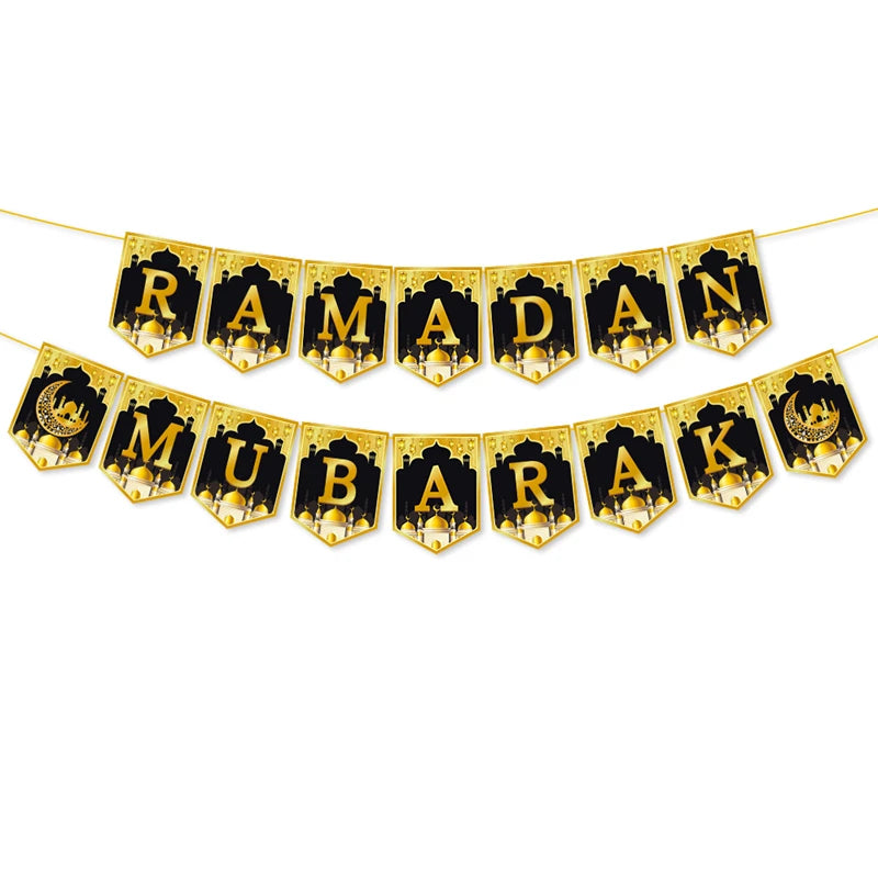 Eid Mubarak Paper Banner Garland 2025 Ramadan Moon Star Mosque Hanging Swirl Home Decoration Ornaments Islamic Muslim Party Gift
