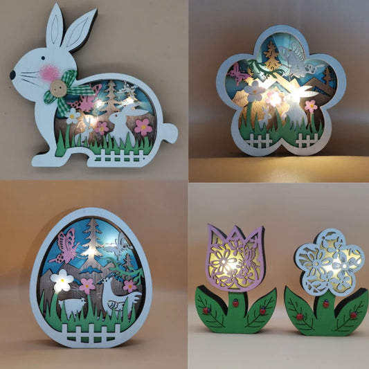 2025 New Easter Decoration for Home Wooden Easter Bunny LED Light Easter Craft Easter Bunny Ornament Decor Easter Egg Decor Lamp