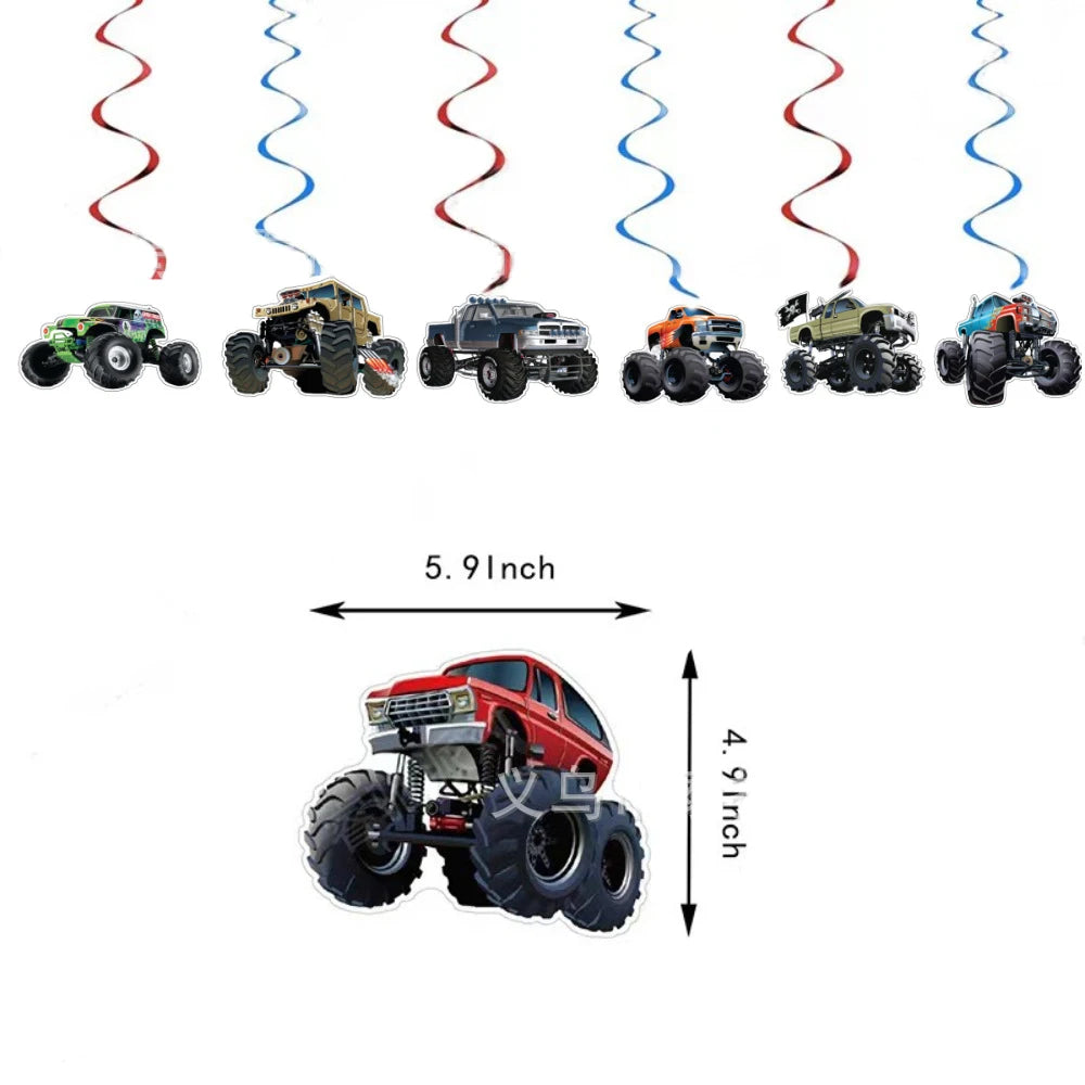 Monster Truck Birthday Party Paper Plates Cup Napkin Tablecloth Balloon Hanging Swirls Banner Monster Truck Birthday Party Decor
