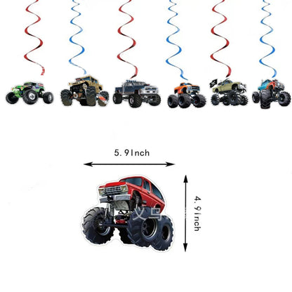 Monster Truck Birthday Party Paper Plates Cup Napkin Tablecloth Balloon Hanging Swirls Banner Monster Truck Birthday Party Decor