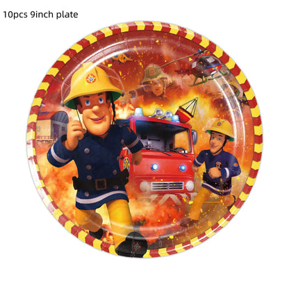 Firefighter Sam Party Supplies Plates Napkins Cups Tablecloth Banner Fire Truck Party Decorations Kids Boys Decor Supplies