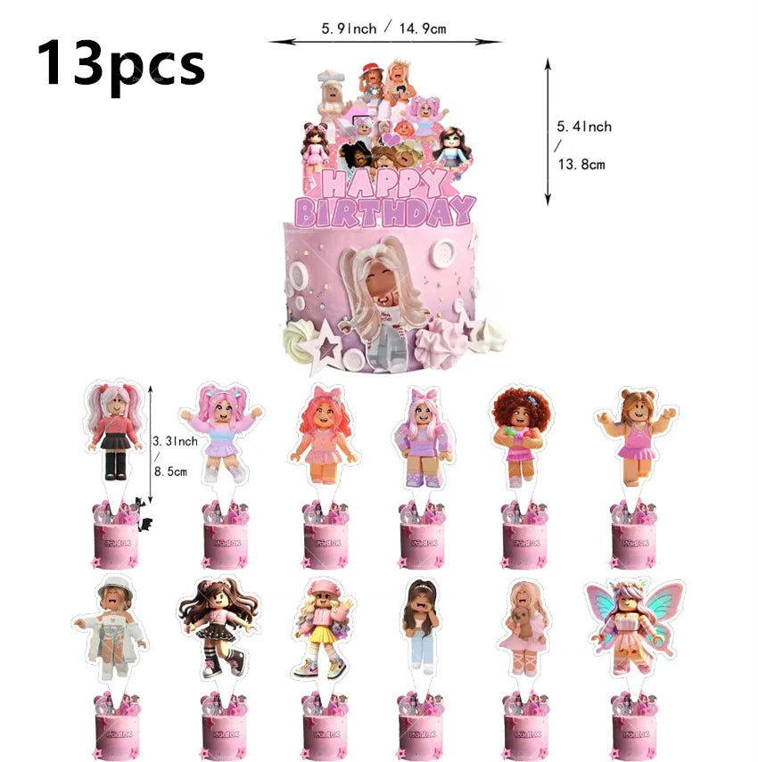 Pink Roblox Balloons Happy Birthday Banner Party Decoration Hot Robot Game Cake Topper Disposable Tableware Kids Girl Background