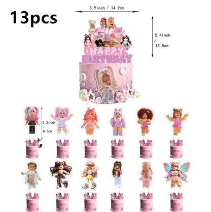 Pink Roblox Balloons Happy Birthday Banner Party Decoration Hot Robot Game Cake Topper Disposable Tableware Kids Girl Background
