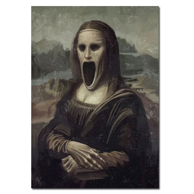 Creepy Famous Painting Character Mona Lisa Canvas Painting Print Poster Scary Wall Art Pictures Horror Figure Wall Decor Mural
