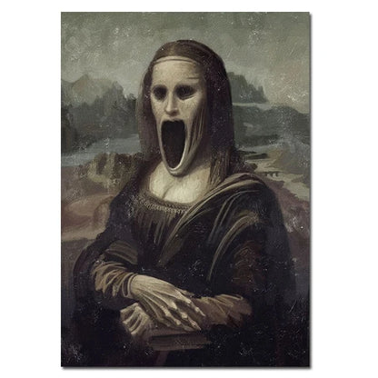 Creepy Famous Painting Character Mona Lisa Canvas Painting Print Poster Scary Wall Art Pictures Horror Figure Wall Decor Mural