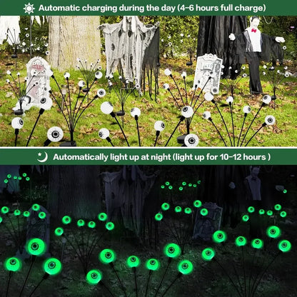 2024 Halloween Outdoor Solar Powered Scary Eyeball Lights Led Green Eyeball Blinking Firefly Lights Waterproof Solar Path Lights
