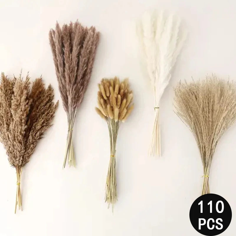 165PCS Pampas Grass Dried Flowers Boho Farmhouse Country Wedding Home Room Decor Bouquet Bunny Tail Grass DIY Artificial Flowers