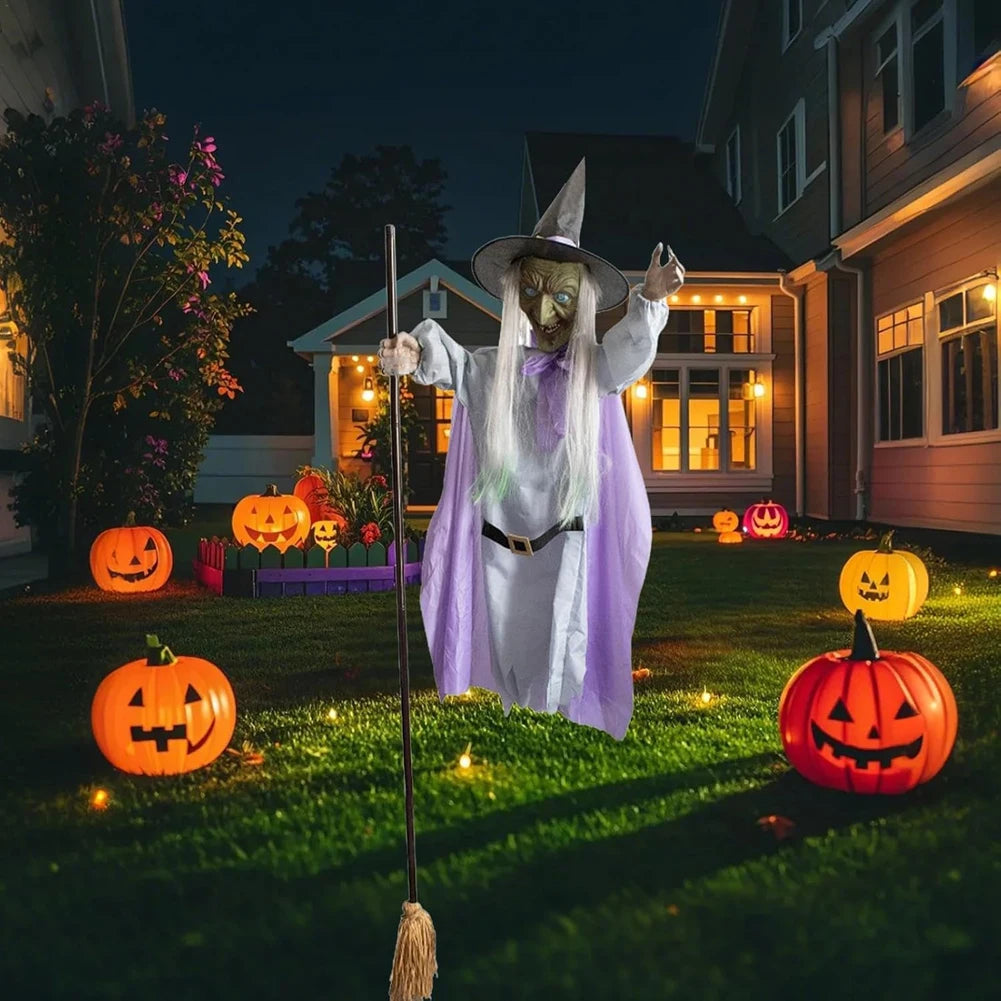 Flying Witch Decorations with Luminous Eyes Halloween Flying Witch on Broom Decor Animatronic Flying Witch for Garden Yard Lawn