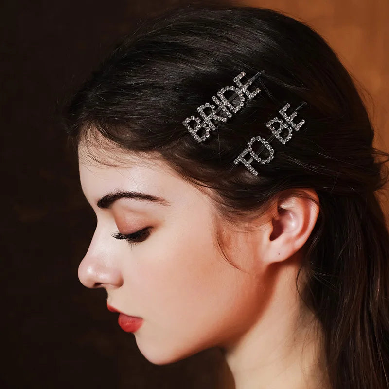 New 2 pieces Silver Bride To Be Rhinestone Word Hair Clips Barrettes Hairpins Small Hairgrips Headwear Hair Styling Accessories