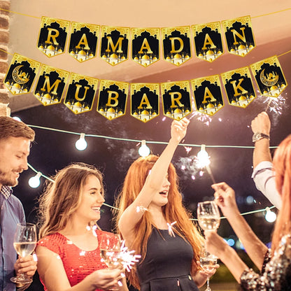 Eid Mubarak Paper Banner Garland 2025 Ramadan Moon Star Mosque Hanging Swirl Home Decoration Ornaments Islamic Muslim Party Gift